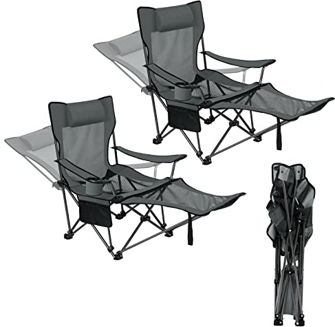 eSituro Sillas de Camping Plegable, Juego de 2, Silla de Acampada Portátil, hasta 150 kg, Respaldo Ajustable, con Reposabrazos, Silla Portatil para Pesca, Senderismo y Acampada, Gris