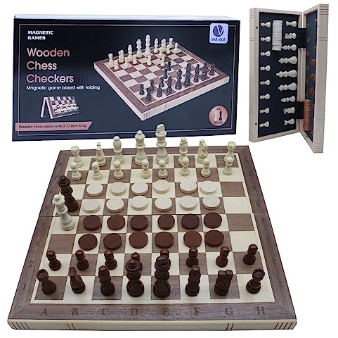 Various Juego de Ajedrez Magnético de Madera de 39 X 39 CM, Tabla Plegable, Juegos de Mesa de Ajedrez de Viaje Portátiles,Juego de Mesa para Adultos y Niños con Piezas Extra Queen
