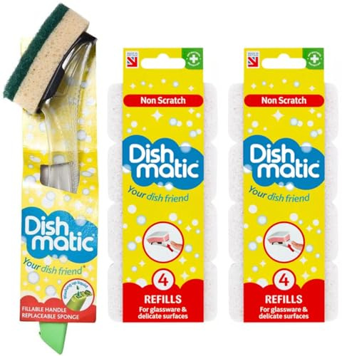 TOPEST Dishmatic Fillable Washing up Brush [ Easy Grip Dish Cleaner] - with 8X Dishmatic Non Scratch Sponge Refills -Ideal for Glassware and Delicate Surfaces