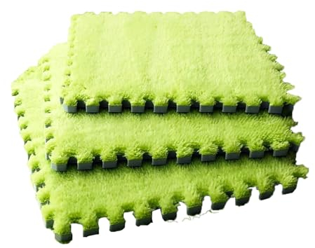 16 Stück 12x12 Zoll Ineinandergreifende Flauschige Teppichfliesen,Quadratische rutschfeste Schaumstoff-Spielbodenmatte,Weicher Waschbarer Plüsch-Puzzle-Teppich(Color:grünes Gras)
