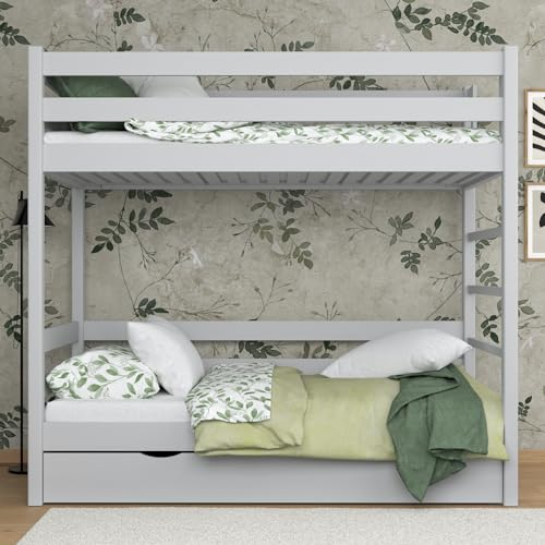 N-wood N03 Etagenbett mit Schublade 80x180 cm, Hochbett Holz 100%, 2 Leitermontageseiten: Links oder rechts, sichere abgerundete Kanten, Hochwertige und umweltfreundliche Lacke, Grau