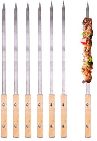 Stainless Steel BBQ Skewers, 6PCS Reusable with Wooden Handle for Kebabs & Outdoor Barbecues