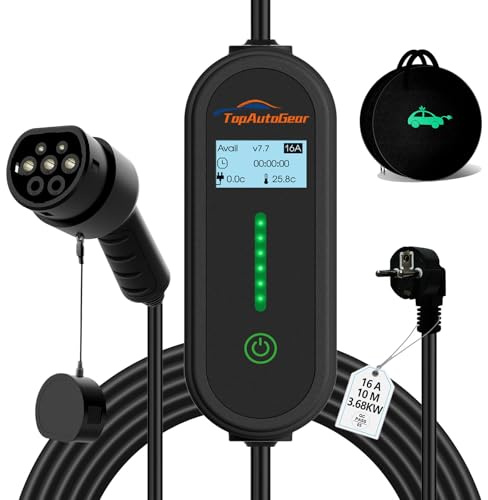 TopAutoGear E Auto ladekabel typ 2 schuko 220v, 10M Ladekabel 3.68KW 1-Phase, 8A/10A/13A/16A 230V Einstellbare Strom IP65, wasserdichte Ladegerätbox, Klarer LCD-Anzeige, Aufbewahrungstasche