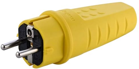 Spina in Gomma da Esterno, 230V, 16A, IP44, Cavo di Corrente Fino a max. 2,5 mm², Spina Infrangibile, Spina Impermeabile, Spina con Protezione Antipiega, Spina con Contatto di Terra (Giallo)