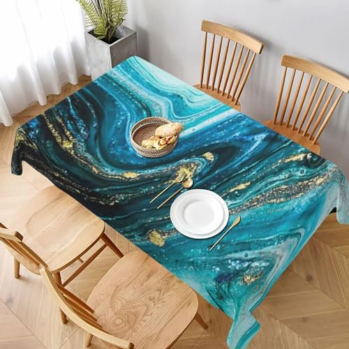 Rechteckige Tischdecke aus Stoff mit türkis-blauem und goldenem Marmor-Aufdruck, 228 x 152 cm | Dekorative Tischdecke für Küche, Esszimmer, Partys, Hochzeiten, Picknicks