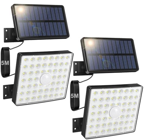 Moman Faretti Solari a LED da Esterno, 2 Pezzi Lampada Solare con Sensore di Movimento 54 LED/4 Modes IP65 Impermeabile 5M Cavo Faro Led Esterno con Pannello Solare, Faretto-Solare-Luce-Esterno-Faro