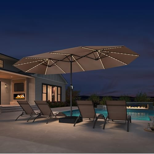 PURPLE LEAF Grand Parasol de Jardin Extérieur 4,55 x 2,7 x 2,4 m avec Pied et LED Solaire, Parasol Rectangulaire Double à Manivelle en Aluminium avec 12 Baleines pour Balcon, Terrasse, Cafés, Taupe