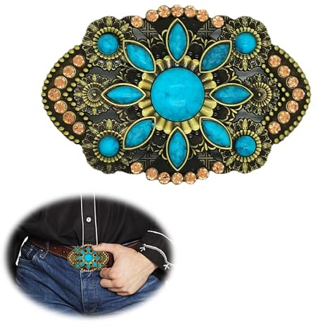 CHENNAN Böhmischer Stil Western Gürtelschnalle mit Stein Türkis | 38mm-40mm Oval Blumenförmiger Gürtelverschluss aus Synthetischer Türkis; Vintage Türkis Gürtelschnalle für Damen und Herren