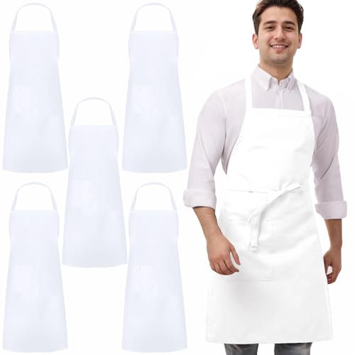 umboom 5 Piezas Blanco Delantales, Delantales de Chef para Hombres y Mujeres, Cocina Delantales de Trabajo, Profesional Delantal para Restaurante, Bistró, Bar, Cafetería, Jardín, Salón (1 Bolsillo)