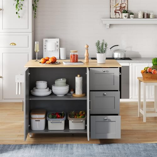 L135 x B44 (70) x H 90 cm, grande tavolo da cucina mobile, piano di lavoro in legno di rovere, design pieghevole, armadio multifunzionale, 3 cassetti, portasciugamani, adatto per cucina, sala da