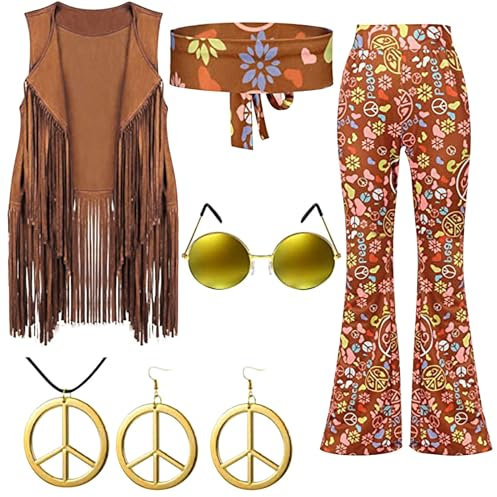 Business-Hose für Damen, Karneval, 70er-Jahre-Party, Kleidung, Quaste, Weste, Hose, Kopftuch, Ohrringe, Brille, Halskette, 6 Stück, schwarzer Glitzer-Rock, khaki, XXL