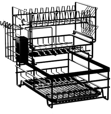 3 Tier Dish Drainer Rack with Drip Tray, Detachable Dish Drying Rack Large Dish Drainer with Cutting Board Holders Utensil Drainboard Holder for Kitchen Counter Space-Saving, Black