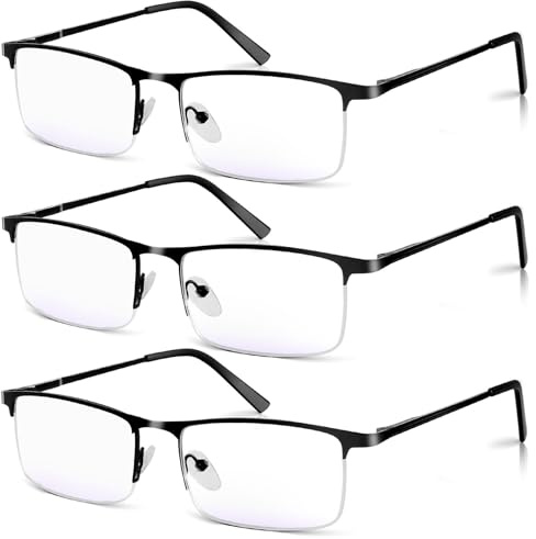 Xnourney 【3 Pack】 Anti-Blue Light Reading Glasses for Men - Half-Frame Metal Readers with UV400 Protection, Reduce Eye Strain & Headaches from Screen Use, Lightweight Classic Design (1.5x)