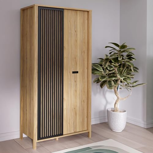 Forte JYTANA Kleiderschrank 97, moderner Schrank mit Lamellendetail, 2-türig, Holzwerkstoff, Mauvella Eiche Dekor, 97 cm breit, 200,3 cm hoch, 52,7 cm tief