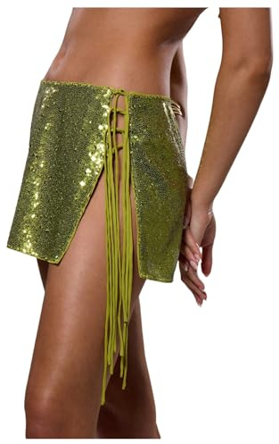 Floerns Women's Sparkly Sequin Mini Skirt Low Rise Tie Side Disco Party Skirts Olive Green