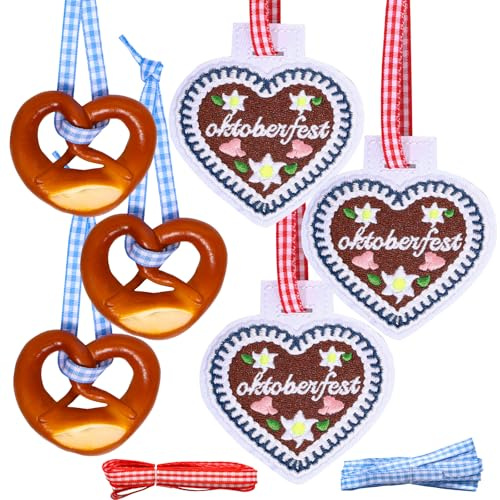 Oktoberfest Dekorations-8Stück, Bayern Volksfest Herzen Lebkuchenherz, Kunststoff Brezeln Anhänger, Farbband, Bayrische Deko Party Zubehör, Oktoberfest Partysdeko für Garten München Bier Festival