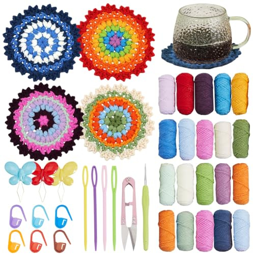 SUNNYCLUE Häkel Untersetzer Set Strick Starter Set Mit Schritt Für Schritt Video Tutorials Leicht Zu Erlernendes Florid Untersetzer Häkelgarn Für Anfänger Erwachsene Und Frauen Urlaubs DIY Bastelgesch
