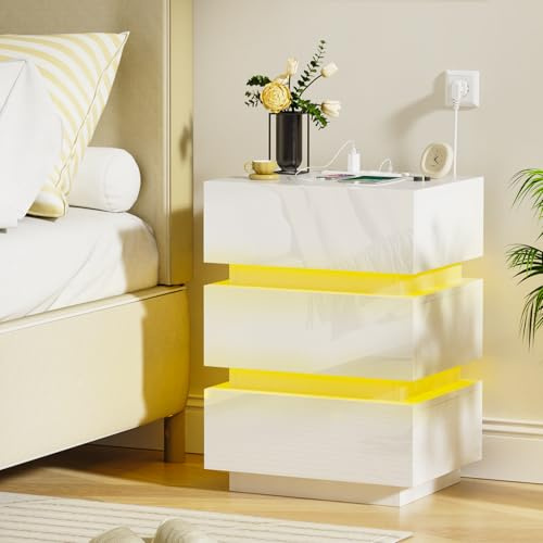 HaodaCulture Comodino con led, Comodino con Stazione di Ricarica, Tavolini con 3 Cassetti, 2 Prese CA, 2 Porte USB, comodino bianco, per Soggiorno, Camera da Letto, Studio 45x35x62cm