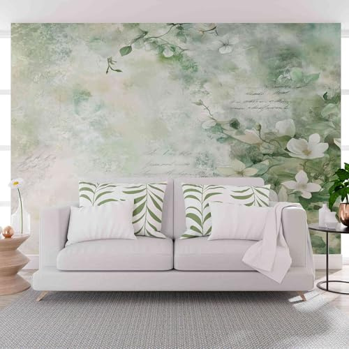 Gaqinhh Papeterie Florale en Aquarelle Papier Peint Panoramique 350 x 256 cm (L x H), Vert Panoramique Décoration Murale Pour Salon, Salon, Mur TV Artistique, Restaurant Décoration Murale