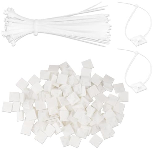 Kleine Klebesockel Kabelklemme Selbstklebend 18 x 18 mm und Kabelbinder 150 mm Je 100 Stück weiß,Nylon Klebesockel für Kabelbinder,Starken Selbstklebend Basishalter,für Heim Büro Industriell