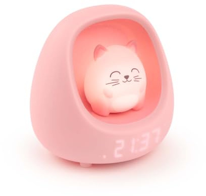Bigben Veilleuse Réveil Enfant, Chat, Lumineux et Musical, Sons Apaisants et Bruits Blancs, Lumière Réglable au Toucher, Minuterie et Batterie Rechargeable USB-C, Fille et Garçon - NESTKIDSCAT