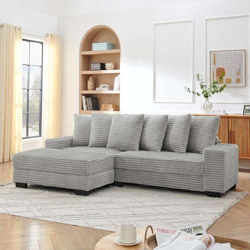 Arhatreya 4-sitsig L-formad soffa, hörnsoffa, modern soffa, 4-sitsig soffa med 6 kuddar och schäslong, stoppad soffa för vardagsrum, sovrum, lägenhet, gästrum, manchestertyg, grå