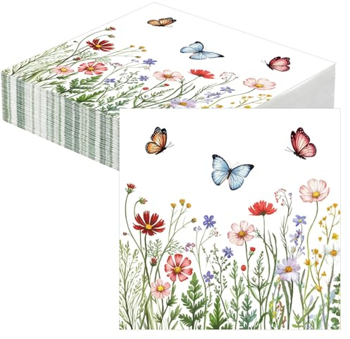 Servietten Wildblumen 20 Stück Servietten Frühling Sommer Einweg Papierservietten Schmetterling Blumen für Geburtstagsfeiern Hochzeit Dinners Kommunionen Partyzubehör Gartenparty Picknick