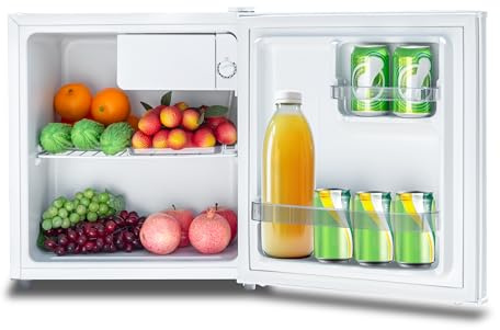 Techomey Kühlschrank 45L, Mini Kühlschrank Weiß, Leise Kühlschrank Klein 220V 240V, 39dB,Getränkekühlschrank mit Umkehrbare Tür, Minibar für Zimmer, Büro, Wohnungen,Hotel