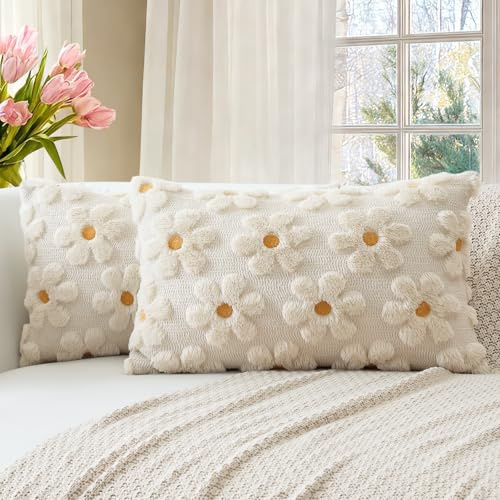 Artscope 2er Set Wolle Blumen Kissenbezüge Weicher Plüsch Kurzer Wollsamt Dekokissenbezüge Frühjahr Sommer Kissenhülle Saisonale Sofakissen für Sofa Schlafzimmer Creme Beige, 40x60cm