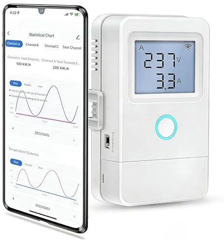 Comboss Medidor de Energía WiFi DIN, Contador Eléctrico Inteligente Tuya, 1 Sensor, Pantalla LCD, Protección Contra Sobrecalentamiento, Control Remoto por App para Casa