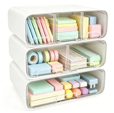 3er Set Stapelbare Schubladenbox, 6 Fächer Schreibtisch Organizer für Büro | Stapelbare Kunststoff-Schubladenboxen für Schreibtisch: Stifte, Hefter, Haftnotizen – Büro, Schule, Zuhause, Schminktisch