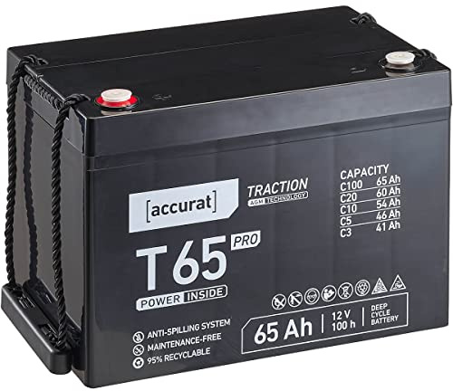 Accurat Traction T65 Pro AGM Bleiakku, 12V, 65Ah, +30% Startleistung | wartungsfrei, zyklenfest -VRLA Batterie, Bootsbatterie, USV Batterie, Versorgungsbatterie, Solarbatterie, Zyklenfestigkeit