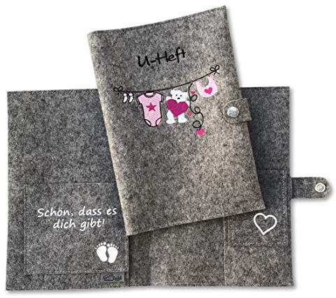 u heft hülle und impfpass Wäscheleine mit extra Fächer und Lasche mit Druckknopf aus 100% Wollfilz - grau meliert rosa