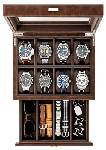 TAWBURY Uhrenkasten herren für 8 Uhren – Uhren Box für Herren mit 8 Fächern aus Braun Veganem Leder | Uhrenaufbewahrung | Uhrenbox für Herren | Uhrenkoffer (Braun)