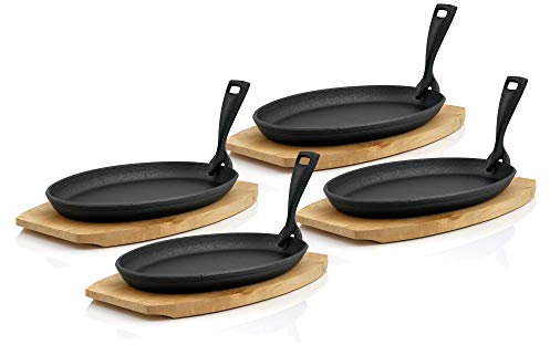 BBQ-Toro Sartenes de hierro fundido con base de madera (4 unidades) | 27 x 18 x 3 cm - ovaladas | ya quemadas - preseasoned | sartenes con mango extraíble | sartén de hierro fundido