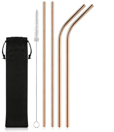 iShop Metal Straws Reusable Stainless Steel Straws Set of 4 Rose Gold – 2 Curved & 2 Straight Drinking Straws with Cleaning Brush & Velvet Pouch – Dishwasher Safe BPA Free