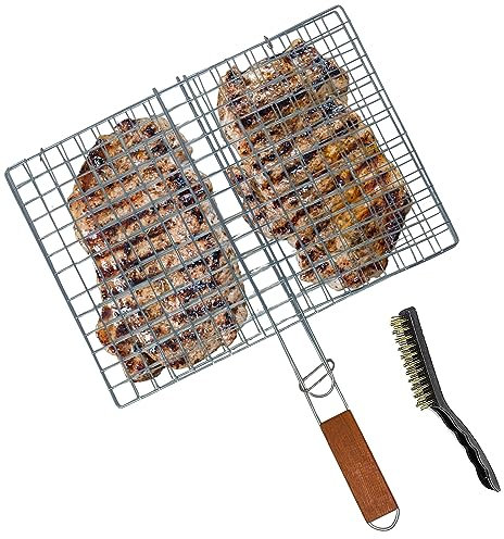 VR7 Chicken Grill Basket with Handle & BBQ Grill Cleaning BrushVegetable Grill Basket Barbeque Wire Mesh Grill Fish Food Small