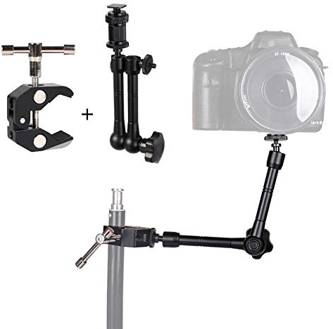 Articulating Friction Arm 11 with Large Super Crab Clamp and Hot Shoe Mount 1/4 Magic DSLR Tripod Arms Kit for Photography, Video, Camera Rig, LED Light, Flash Light, LCD Monitor
