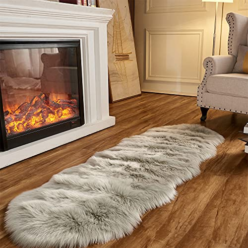 Arbosofe Faux Fur Sheepskin Rug - Light Gray, Fluffy Small Fur Rug, Fuzzy Shaggy for Bedroom & Living Room - 2 x 6 Feet