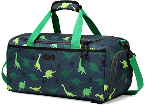 VASCHY Sporttasche Kinder Jungen Reisetasche Kinder,Grün Dinosaurier | 24l Reisetasche Kinder, Schwimmtasche Jungen, Travel bag mit Schuhfach,Nassfach,Gepäckhülle,gepolstertem Schultergurt