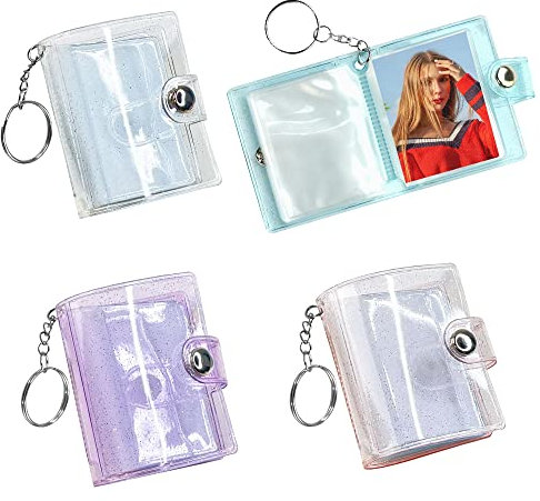 KBNIAN 4 Stück Mini-Fotoalbum 2 Zoll Mini Foto-Schlüsselanhänger mit 24 Taschen Foto Album Kartenhalter zum Aufbewahren unserer wertvollen Fotoerinnerungen - 4 Farben