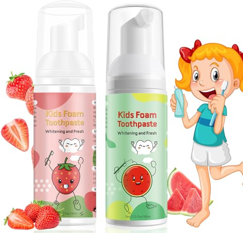 Foam Toothpaste Kids, Toddler Toothpaste with Low Fluoride, Kids Toothpaste for U Shaped & Electric Toothbrush, Foam Toothpaste for Children Ages 3 Plus (2PCS, Watermelon+Strawberry)