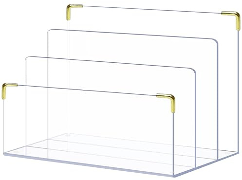 pbf Acrylic File Holder | Clear Acrylic Desk Organizer with Gold Accents | 3-Level Folder Holder, Mail Sorter, & Laptop Stand