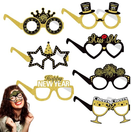 Qunkun Silvester Deko, Silvester Brille, 8 Paar Frohes Neues Jahr Brillen, 2025 Happy New Year Brillen, NeuJahr Deko, Happy New Year Deko, Silveste Party Zubehör für Silvester Party Dekoration