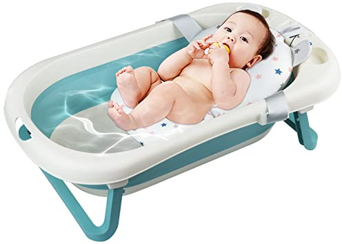 Sinbide Baignoire Bébé Pliable Détection de Température Bassin de Douche Portable avec Coussin pour Bébés de 0 à 6 Ans Antidérapante (Bleu)