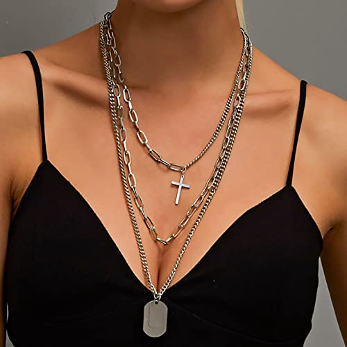 Atentuyi Punk Layered Chain Long Necklace Silver Chain Paperclip Cross Choker Layering Pendant Square Multilayer Necklaces for Women Girls and Man
