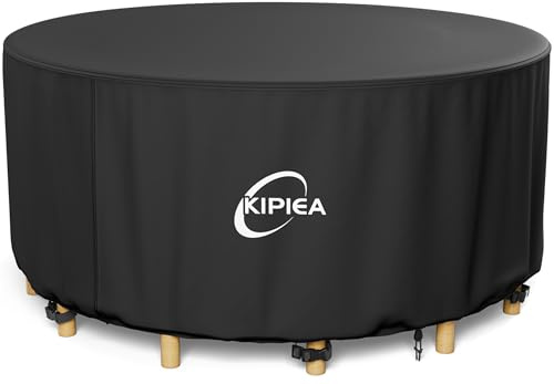 Kipiea Garden Furniture Covers Round - Waterproof Outdoor Table Cover Windproof, Heavy Duty 420D Oxford Fabric Round Patio Garden Circular Table Cover Anti-UV, No Tears, No Fading (Dia 183x71cm)