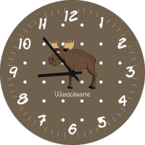 Shirtinstyle Kinderzimmeruhr mit Tiermotiv Hirsch Elch mit Wunschnamen Geschenk Uhr Kinder Handmade Wanduhr Wunschtext Name, 29cm, Farbe Walnuss