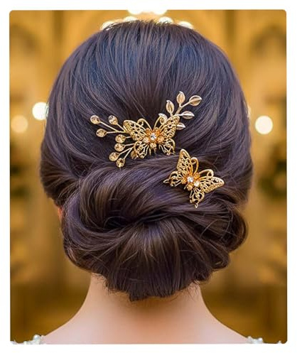 Flayem Hochzeit Haarnadeln Braut Golden Schmetterling Haarschmuck Kristall Haarspangen für Braut und Brautjungfern（2Stück）