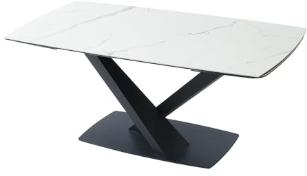 Vente-unique-Esstisch ausziehbar - 6 bis 10 Personen - Sicherheitsglas, Keramik & Metall - Marmor-Optik Weiß & Schwarz - MALATA von Maison Céphy